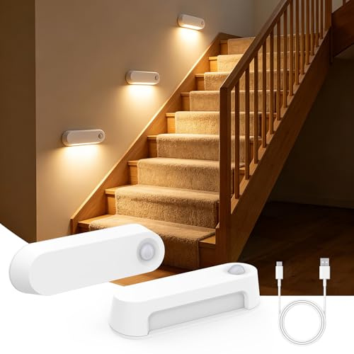 Kitloo Rechargeable Motion Sensor Night Light 2 Pack 1800mAh Battery Operated Stair Lights Indoor, 60LM Warm White LED Night Light for Bathroom, Hallway, Stairs, Toilet, Bedroom