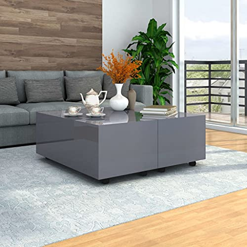 CongVVFV Hochglanz Couchtisch Grau 100x100x35 cm Ausziehbar mit Rädern Erweiterbarer Beistelltisch Holzwerkstoff Moderner Wohnzimmertisch