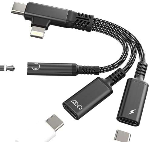 OTG USB C Headphone Adapter Jack Aux 3.5mm Cable Lightning for iPhone 17 16 15 14 13 Pro Max Compatible with Samsung S25 Audio for Apple Charger Car Port Dual Connector Adaptor Converter for iPad DAC