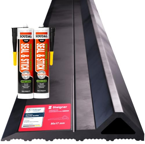 STEIGNER Seuil de garage 4,5m en EPDM noir 17mm x 80mm SGD04 – Kit d'isolation avec 2 colle de montage et joint pour portes de garage de type Hörmann – Seuil tempête, anti-courant d’air