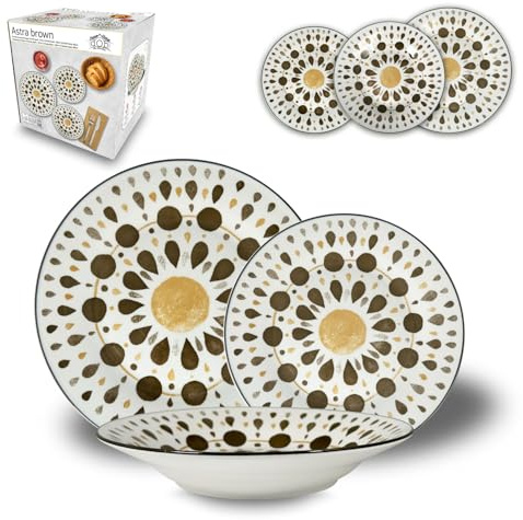 Arca Servizio Piatti 18 Pezzi Astra, Set Tavola per 6 Persone con Piatti Piani, Fondi e Dessert Decorati (MARRONE)