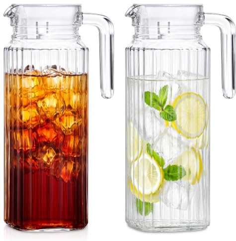 Glass Water Jug for Fridge, LIMILI 2 Pack (1.1 Litre) Water Jugs with Lids with Ribbed Design & Spill-Free Spout, Transparent Pitcher Jug for Hot/Cold Water Ice Tea Coffee Milk & Juice