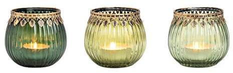 Windlicht 3er Set aus Glas Grün Gold | Vintage-Design mit goldfarbenen Akzenten