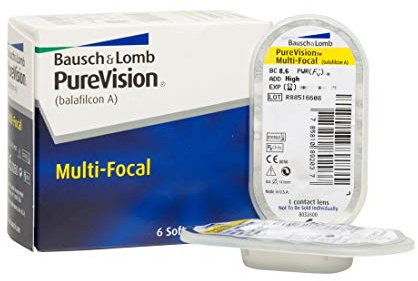 Bausch + Lomb Purevision Multifocal Monatslinsen, Gleitsicht-Kontaktlinsen, weich, 6 Stück BC 8.6 mm/DIA 14/0.75 Dioptrien/ADD High