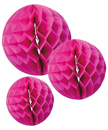 3 Boules en papier alvéolé rose fuchsia 15, 20 et 25 cm