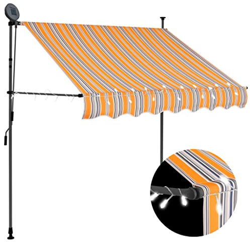 Klemmmarkise mit Handkurbel Balkonmarkise ohne Bohren Einziehbare Markise UV-beständig & höhenverstellbar, Balkonmarkise, Sonnenschutz wasserdich, mit LED 150 cm Gelb Blau