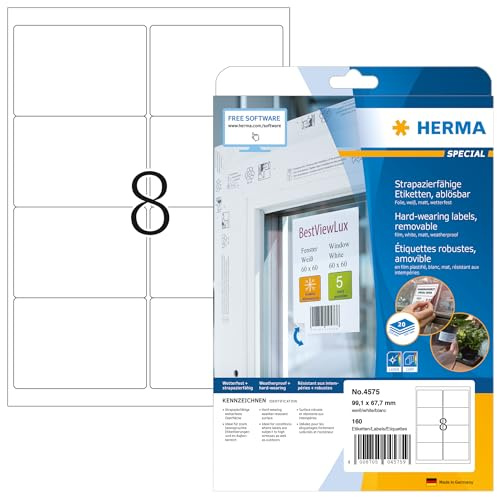HERMA 4575 Wetterfeste Folienetiketten ablösbar, 20 Blatt, 99,1 x 67,7 mm, 8 pro A4 Bogen, 160 Stück, selbstklebend, bedruckbar, matt, blanko Klebeetiketten Aufkleber aus Folie, weiß