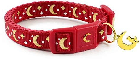 WAAAG Cat Collars, Gold Moons and Stars Cat Collar, Safety Breakaway Cat Collar, Glow in The Dark (Kitten 6.5-10 Neck, Scarlet)