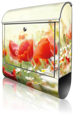 banjado Design Briefkasten personalisiert 38,5x46,5x13cm & 2 Schlüssel - Briefkasten Stahl Weiß Zeitungsfach pulverbeschichtet - Postkasten A4 Einwurf inkl. Montagematerial - Motiv Kamille Und Mohn