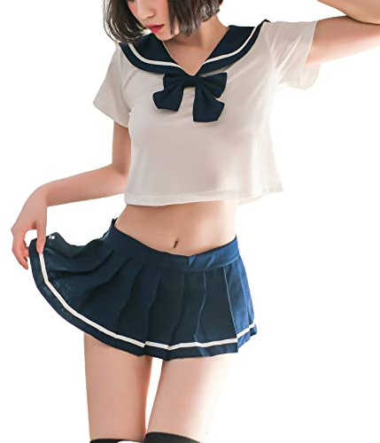 SINROYEE Lencería de colegiala japonesa, traje de cosplay de anime, uniforme sexy de marinero con falda plisada, Azul, Talla única
