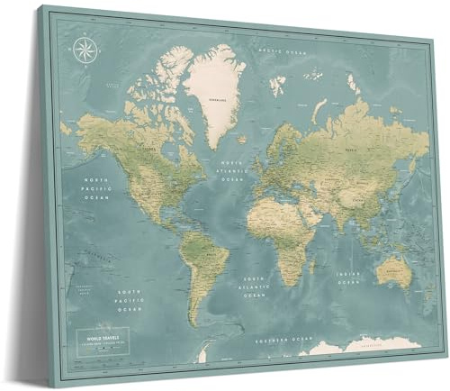 Weltkarten pinnwand Leinwand mit Stecknadeln – Markieren Sie Ihre globalen Abenteuer, moderne Weltreisekarte mit Stecknadeln, Pin Adventure World Map, (80 x 60cm)