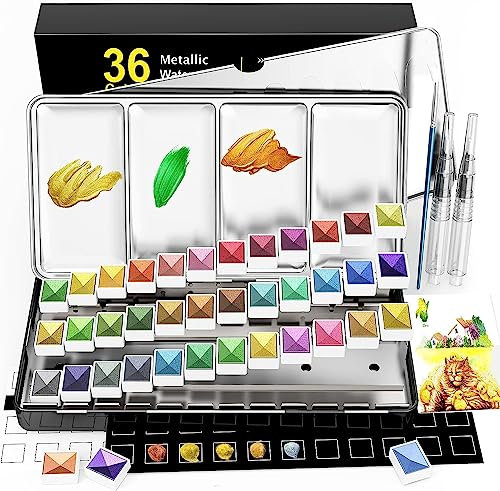 RATEL Metallic-Aquarell-Farbset, Solid Aquarell-Farbkasten, 36 Farben Glitter Solid Pigment, löslich und gut mischbar, für Kinder, Anfänger und Profis