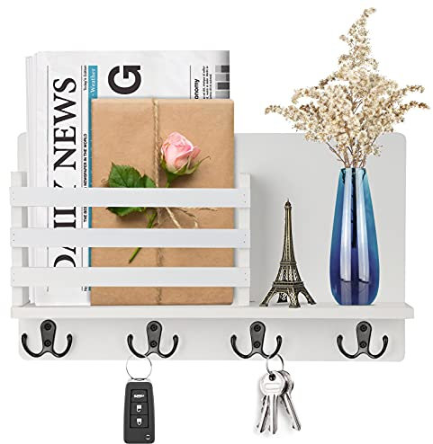 Wandregal Holz für Schlüsselbrett Organizer mit 4 Haken, Bücherregal Holz, Schlüsselbrett für Postsortierer Wandhalterung Organizer, Wandorganizer mit Garderobenhaken für Schlüsseln Prospekten