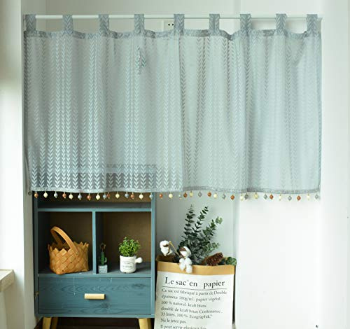 Yaland Jacquard Scheibengardine mit Quasten Grau 1 Stück HxB 100x140cm | Grau mit Schlaufen Halbvorhang mit Fischgrätenmuster Landhausstil für Regale, Schränke & Küchenfenster als Blickschutz