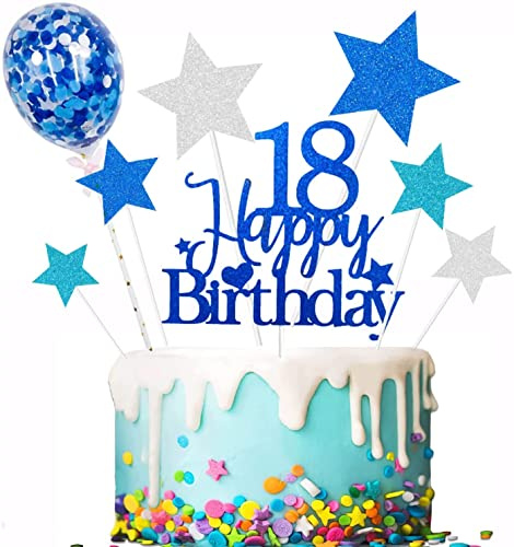 Elicola 18th Birthday Cake Topper, Glittery Royal Blue with Star Toppers and Confetti Balloons for 18th Boys and Girls Birthday Party Decoration Supplies