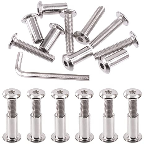 Swpeet Juego de 25 tornillos de unión de plata chapados en níquel M6 x 30 mm, tornillos de cabeza hexagonal, tuercas de barril con 1 llave Allen, poste de tornillo para muebles
