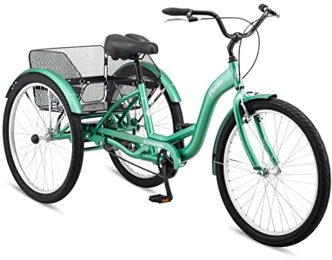 Schwinn Meridian Adult Tricycle Bike, Mens and Womens Three Wheel Beach Cruiser, 26-Inch Wheels, Low Step-Through Frame, Wide Seat, Rear Folding Basket, Single-Speed, Green
