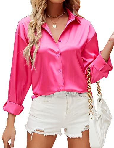 HANERDUN Damen Bluse Langarmshirt V-Ausschnitt Hemd Die Seide Elegant Lässige Oberteile Knopfleiste Arbeit Einfarbig Hemdbluse(ROSE_S)