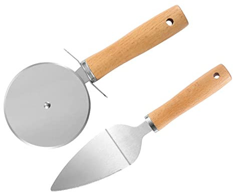 AKAZI Pala per Pizza a Rullo in Acciaio Inossidabile Utensili da Cucina manuali in Due Pezzi con Manico in Legno e Macchina per Torte, Argento (A)