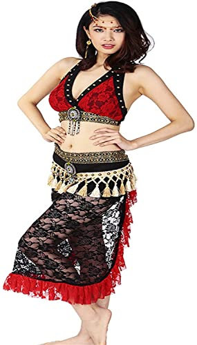 Tribal Bauchtanz Kostüme Set Spitze Halloween Bauchtanz Kostüme BH und; Hüfttuch 2 Stück (rote Einheitsgröße)