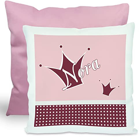 CreaDesign, Kinder Kissen 40x40 cm personalisiert mit Namen, Kinderzimmer Deko Kissen Kinder mit Füllung Federn, Motiv Prinz/Prinzessin rosa, Rückenfarbe Rosa