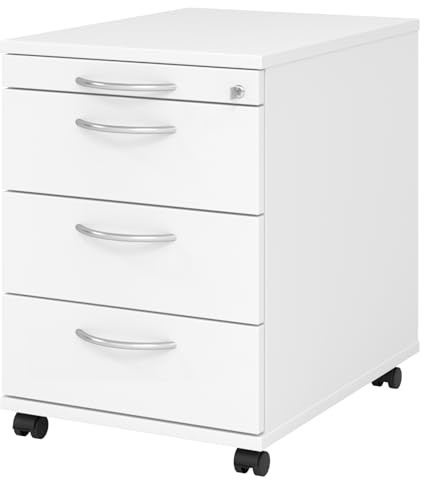 bümö Rollcontainer mit Schubladen, Container abschließbar aus Holz in Weiss - Rollwagen für's Büro als Schreibtisch Unterschrank, Bürocontainer od. Schreibtischcontainer mit Bogengriffe