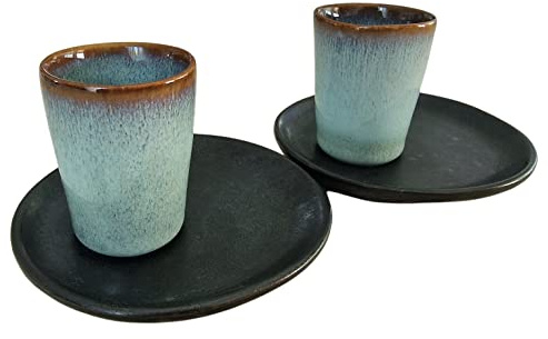 PintoCer - Espresso Kaffeetassen aus weißem Steingut, ohne Griff mit brauner Untertasse (Schwarz/Blau, 2)