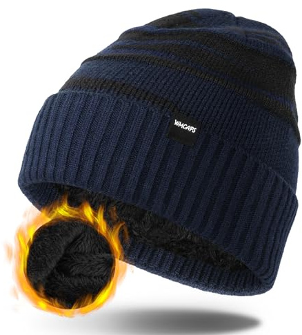 Wmcaps Wintermütze & Beanie für Herren – gefütterte Wollmütze mit Fleece | Gestreift, innen Fleecefutter, warm bis -20°C. Ideal für Outdoor, Ski & Kühlhaus. Einheitsgröße, dehnbar. Auch als Geschenk.