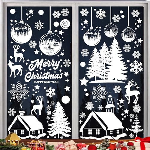 CYCFMYYLY Christmas Window Stickers, 9 Sheets Reusable Christmas Window Decorations Double Sided Xmas Window White Christmas Snowflake House Double Sided for Winter Party Supplies