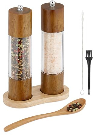 Relaxdays Salz-und Pfeffermühle 2er Set, Untersetzer, Keramikmahlwerk, Holz & Acryl, manuelle Mühlen, braun/transparent
