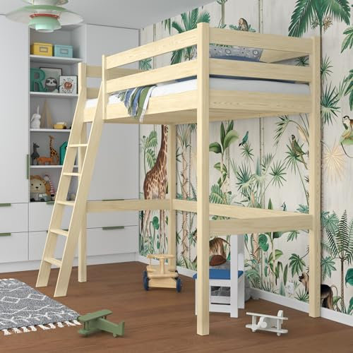 N-wood N03 Hochbett Holz 80x180 cm, Jugendbett, 2 Leitermontageseiten: Links oder rechts, einfache Montage, Stabile Massivholzkonstruktion, inklusive Lattenrost, Kiefer klar