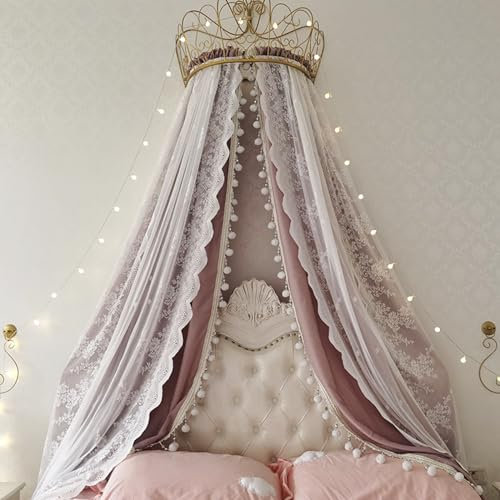 Miuxe Himmelbett Vorhänge Für Mädchen - Prinzessin Betthimmel Moskitonetz Kinderzimmer Spielzimmer Dekor Metallkrone Garn Netting Vorhänge Baby Spiel Traumschloss