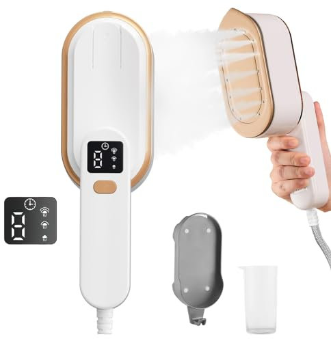 Steam Iron Travel Steamer with LCD Screen, 10S Fast Heat-up 2000W Steamer Clothing with 180° Rotatable Handle, Portable Handheld Clothes Steamer, 3 Steam Levels for Travel, Home, Office (White)