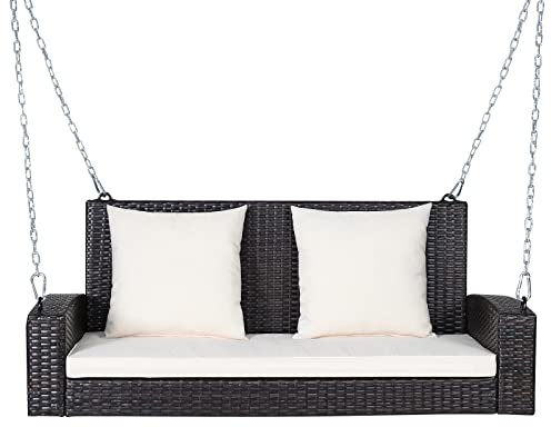 SFAREST 2 Person Seater Swing Set, Rattan Swing Bench and Frame with Cushions, Porch Swing Loveseat and A-Shaped Swing Stand for Patio Garden (Swing Chair with White Cushions)