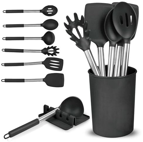Set di utensili da cucina con supporto e salvagoccia, set di 8 utensili da cucina in silicone, spatola, cucchiaio, paletta per spaghetti, mestolo, utensili da cucina antiaderenti antigraffio