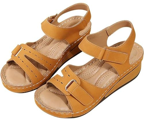 FloAPa Women's Orthopaedic Sandals Summer Leather Sandals Open Toe Platform Shoes Wedge Sandals Adjustable Comfort Orthopaedic Sandals for Women,003,6 UK