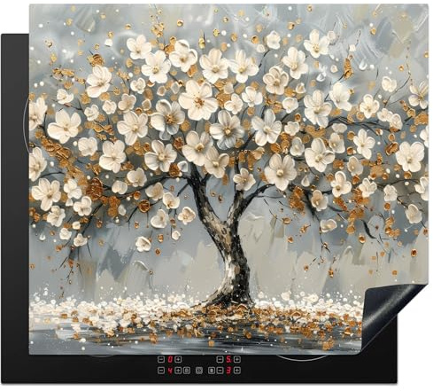 KitchenYeah© Herdabdeckplatte Einteilig Ceranfeld Abdeckplatte Küche Deko | 60x52 cm - Ceranfeldabdeckung Herdabdeckung Induktionsmatte Baum des Lebens - Gold - Weiß