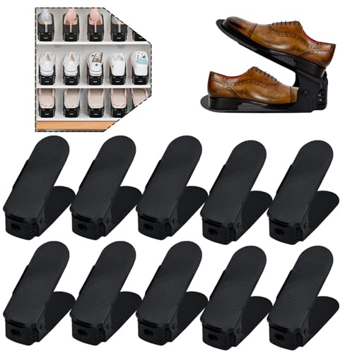 LILIIN 10x Verstellbarer Schuhregale rutschfest Schuhstapler 3 Höhenverstellbar schuhaufbewahrung Schuhorganizer (10er, Schwarz)