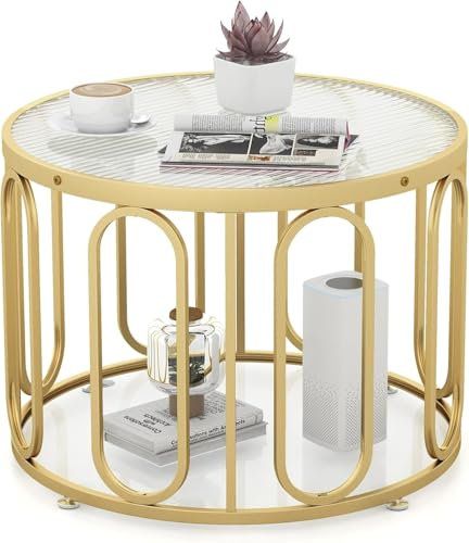FANTASK Goldener Couchtisch rund, Wohnzimmertisch mit 2 Glasplatten & Ablagefläche & drehbarem Metallgestell, Gold