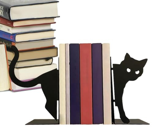 Buchstütze Fishing Cat Schwarz Farbe bookend mit dekorativer Figur Katze und Aquarium Bibliothe, Buchstütze Hidden Cat Farbe Schwarz Buchstütze für das Bücherregal in Form Einer Katze