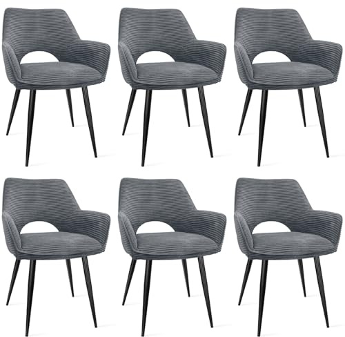 WAFTING Esszimmerstühle 6er Set, Armlehnstuhl mit Metallbeine, Grau | Cord Stoff, Hohe Rückenlehne,Samt Stuhl,Küchenstühle,Wohnzimmerstuhl,Polsterstuhl,Restaurant,Schlafzimmer,Konferenzraum,Hotel