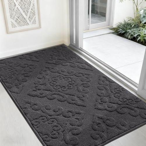 COSY HOMEER 80x120 cm Nonslip Indoor Doormat with Baroque Relief Patterns, Large Welcome Floor Mat Inside for Front Back Door Entrance, Dark Grey