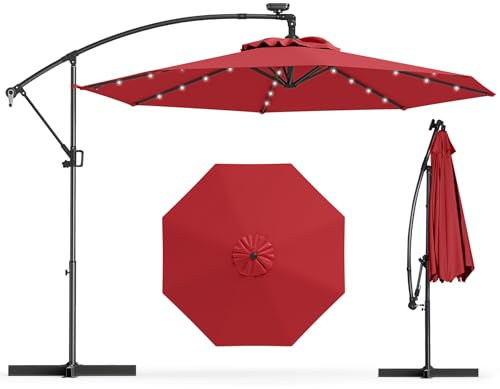 GOPLUS Sonnenschirm 300cm, Ampelschirm mit 32 Solar-LED-Lichtern, Gartenschirm höhenverstellbar & drehbar, Terrassenschirm mit Kurbel & Kreuzfuß, UV-Schutz, Marktschirm für Terrasse & Strand, Weinrot
