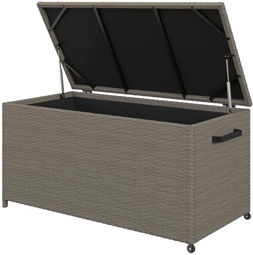 Outsunny Baule da Esterno da 184L in Rattan PE con Ruote e Maniglia, Contenitore da Esterno con Pistoni a Gas e Rivestimento Interno Impermeabile, Telaio in Acciaio, 102x52x52 cm, Grigio