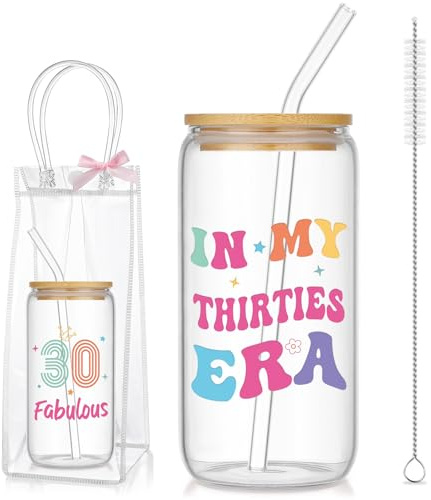 saerryor Gobelet en verre avec paille et couvercle pour café glacé, bulles, thé, eau, 473,6 g, cadeau de 30 ans pour maman, tante, épouse, petite amie, sœur, amie