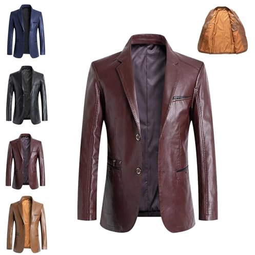 WINDEHAO Herren Lederblazer Echtes Lammfell Casual Revers Fit 2 Knopf Jacke Slim Business Anzug Blazer Smart Motorrad Biker Jacke, weinrot, XXL