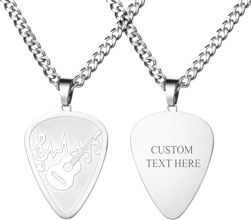 Cupimatch Personalisierte Gitarren Plektrum Kette: Gravierbare silberne Plektron Halskette Edelstahl Kubanische Gliederkette Hip Hop Musiker Schmuck Geschenk für Rapper Musikliebhaber Gitarrist
