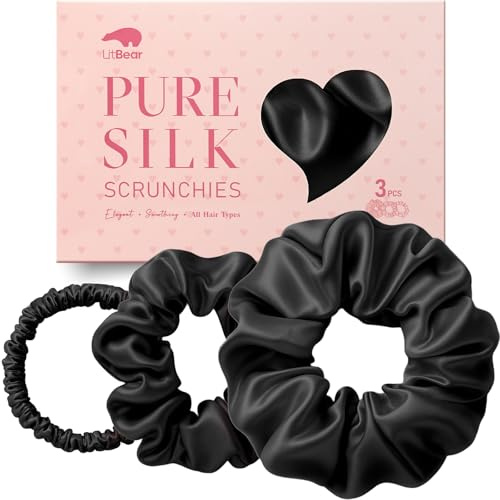 Litbear Set di 3 elastici per capelli in seta al 100% pura di gelso Scrunchies, in 3 misure, anelli per capelli in seta per dormire, delicati contro la rottura dei capelli (rosa + viola + nero)