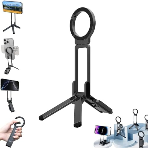 Naturaltly Magnetic Phone Tripod for iPhone, MA38 Portable Phone Holder Mini Tripod for Magsafe with Double-Sided Strong Magnetic 1/4'' Hole Foldable Hook, Adjustable & Rotatable (Black MA38)