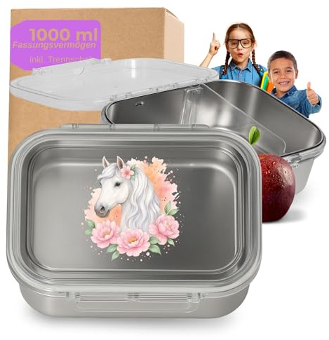 Lunchlåda i rostfritt stål för barn 1 000 ml – matlåda Storage med skiljevägg – BPA-fri matlåda för barn med fack – matlåda med motiv, färg: motiv häst
